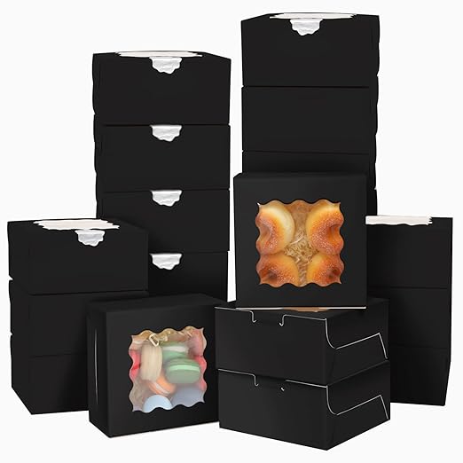 Bakepacker Black Bakery Boxes with Window 6x6x3 inches Thick & Sturdy Macaroon Pastry Boxes Cookie Boxes for Bakerys(60-Packs)