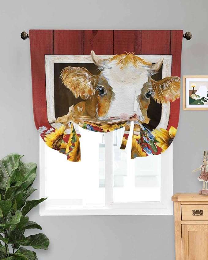 Tie Up Curtains for Windows, Cows Sunflowers Adjustable Balloon Nature Linen Textured Kitchen Curtain, Spring Floral Bees Farmhouse Barn Thermal Insulated Curtains for Window, 42" x 54"