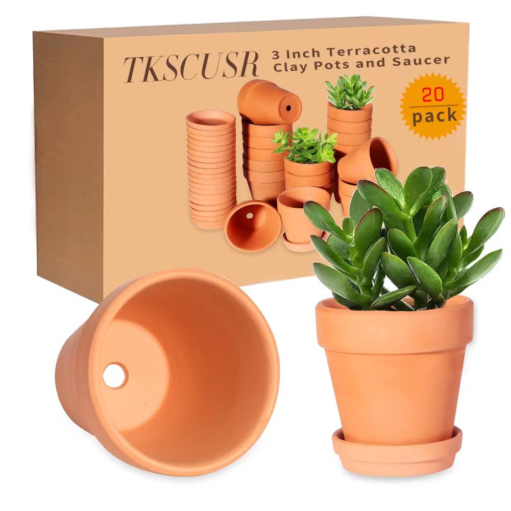 TKSCUSR 3 Inch Terracotta Pots with Saucer-20 Pack,Cactus Terra Cotta Flower Pot with Drainage,Succulent Nursery Clay Pots Great for Plants,DIY Crafts, Wedding Favor