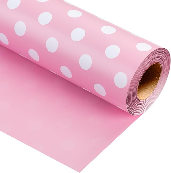 Burymento Pink and White Dots Wrapping Paper, Reversible Pink Gift Wrap for Birthday, Valentines, Mothers day, Graduation, Wedding, Fathers day, Baby Shower, Christmas (17in x 32.8ft)