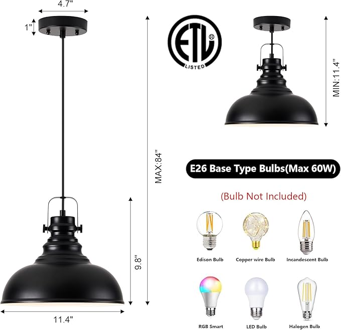 Industrial Pendant Light Fixture, Farmhouse Decor Adjustable Metal Hanging Lamp, Vintage Pendant Lighting for Kitchen Restaurant Dining Room Cafe, E26 Base Black (Black, 2 Pack)