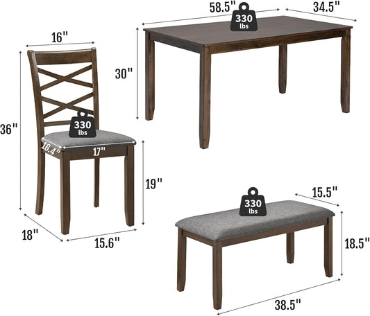 Zevemomo 6-Piece Solid Wood Dining Table Set, Includes 1 Dining Table, 4 Upholstered Chairs and 1 Bench, Wooden Legs Dining Table Set for Dining Room, Kitchen, Restaurant, Walnut