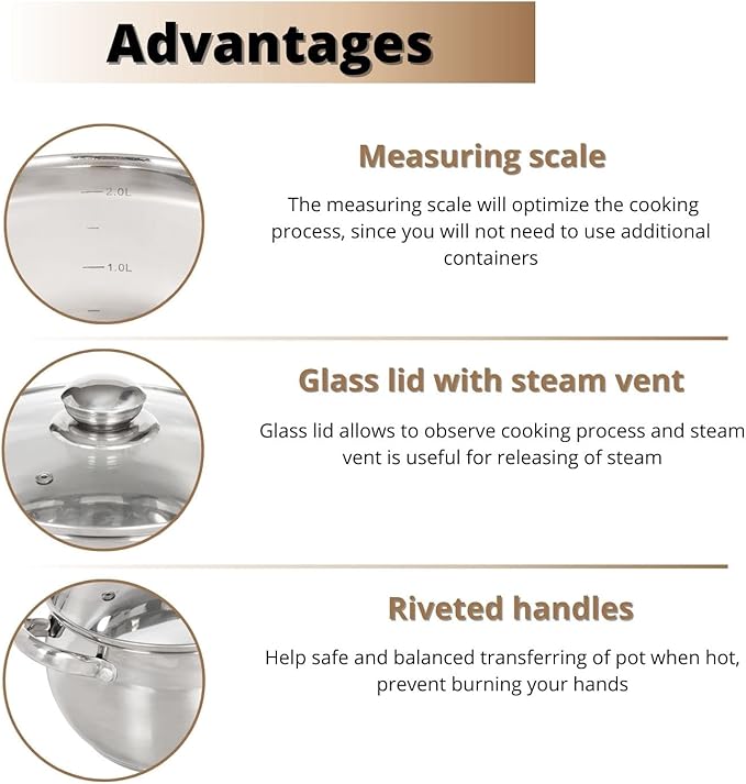 Daniks Classic Frying Pan Included, 11-Piece Stainless Steel Induction Cookware Set, Dishwasher Safe Pots and Saucepan, Glass Lids, Measuring Scale, For Soup, Pasta, Stew, Silver