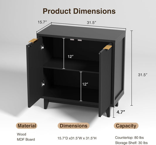 Vabches Modern Fluted Buffet Cabinet with Storage, 31.5" W Sideboard with Solid Wood Legs and Adjustable Shelf, Black Accent Cabinet for Kitchen, Living Room