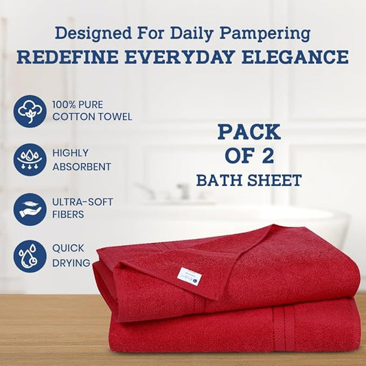 Casa Lino Bath Sheets Set Extra Large - 100% Cotton Extra Large Bath Towels - Highly Absorbent & Quick Dry Oversized Towels for Adults - 60" x 30" - Pack of 2 - (Red)
