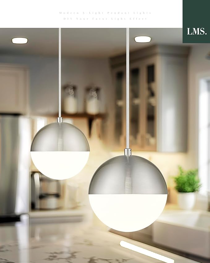 LMS Mid Century Pendant Lights, Brushed Nickel Kitchen Island Light Fixtures with White Globe Glass Shade, Adjustable Hanging Cord, 2-Pack for Home Office Dining Room Bathroom, LMS-186PL-BNWS2PK