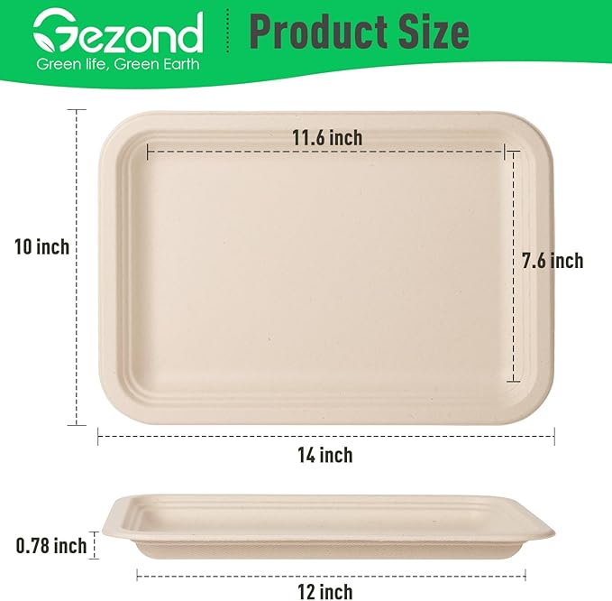 Gezond 100 Pack 14 Inch Disposable Food Trays Eco-Friendly Heavy-Duty Large Paper Plates Compostable Sugarcane Platters for Crawfish, BBQ, Seafood Boil Party Supplies Natural