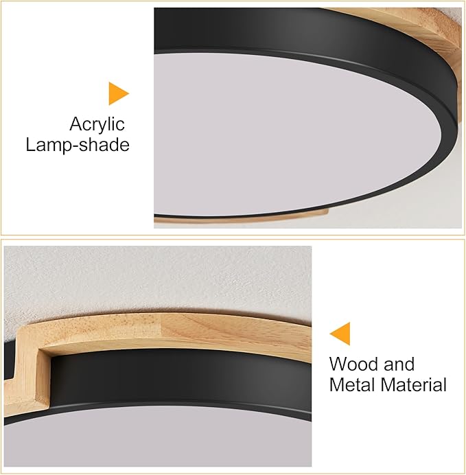 Modern LED Close to Ceiling Light, Round Shape Flush Mount Ceiling Light Fixture, Matte Black with Wood Accent, Minimalist Kitchen Lighting for Bedroom, Entryway, Laundry Room, Hallway 11.8in