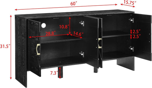 Mid Century Modern Sideboard Buffet Cabinet and TV Media Console 60 Inch with Geometric Pattern Adjustable Shelves Solid Wood Construction for Living Room Dining Room Kitchen (Black)