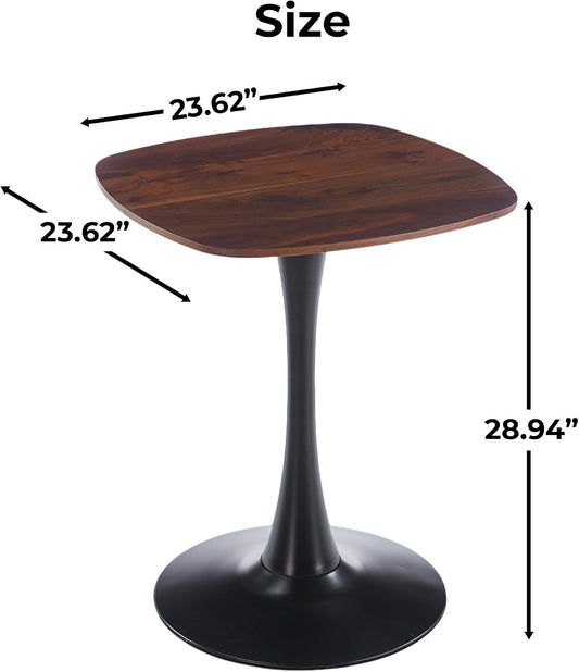 24" Square Tulip Dining Table for 2-4, Modern Kitchen Table with Pedestal Base, End Table Drink Table Small Bistro Table for Small Spaces, Apartment, Cafe, Office, Living Room (Black + Dark Walnut)