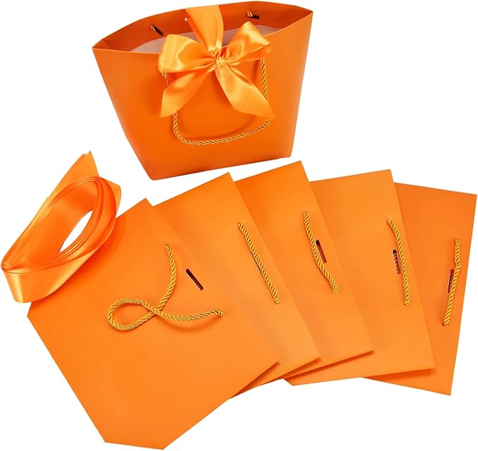 HUAPRINT Gift Bags with Handles,Party Favor Bags with Bow Ribbon,12Pcs Orange Paper Bags for Birthday Wedding Bridesmaid Present Celebration Holiday