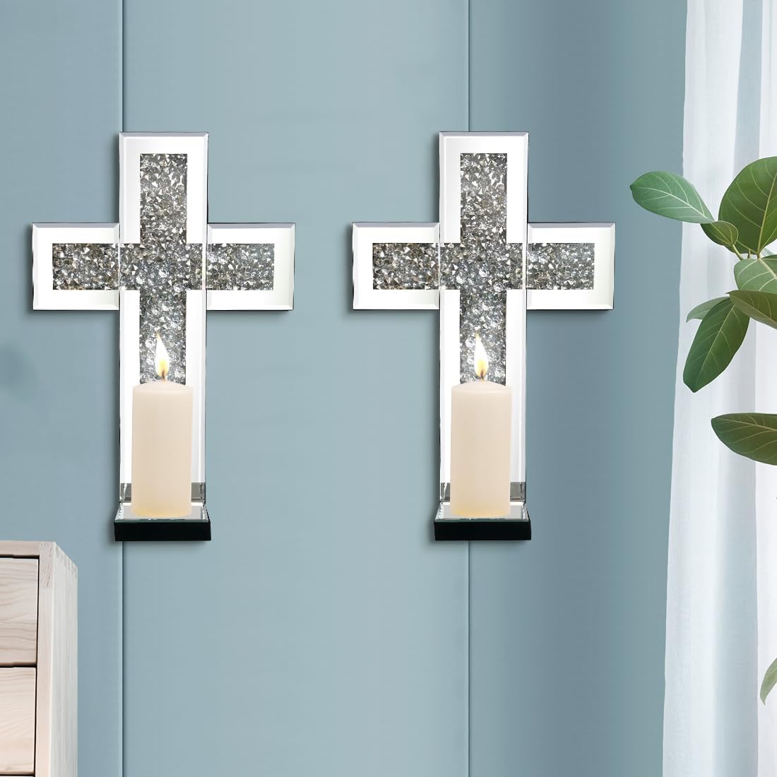 Aeveco Crystal Crush Diamond Mirrored Candle Sconces, Silver Wall Candle Holder Set of 2, Wall Decoration for Living Room,Dining Room (Silver Cross)