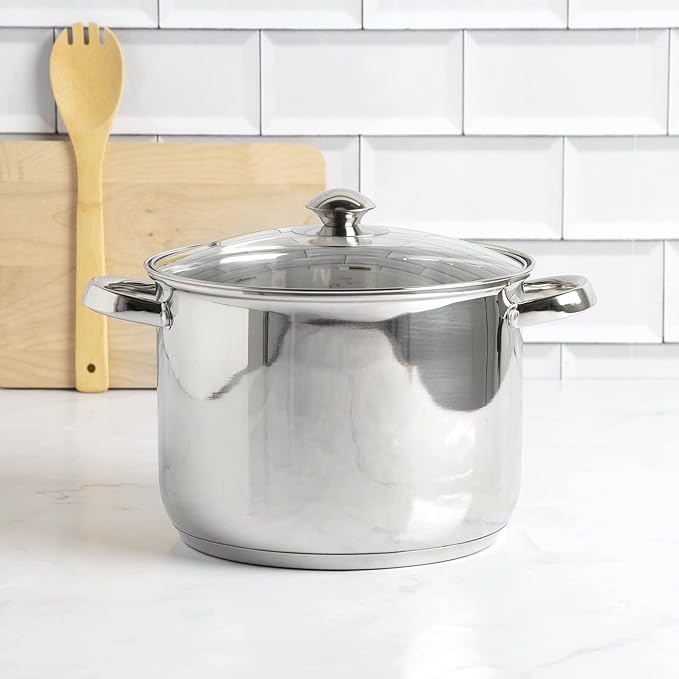 Ecolution Stainless Steel Stock Pot, Encapsulated Induction Ready Cooking Pot with Glass Lid, Oven Safe, Dishwasher Safe Soup Pot, 8-Quart