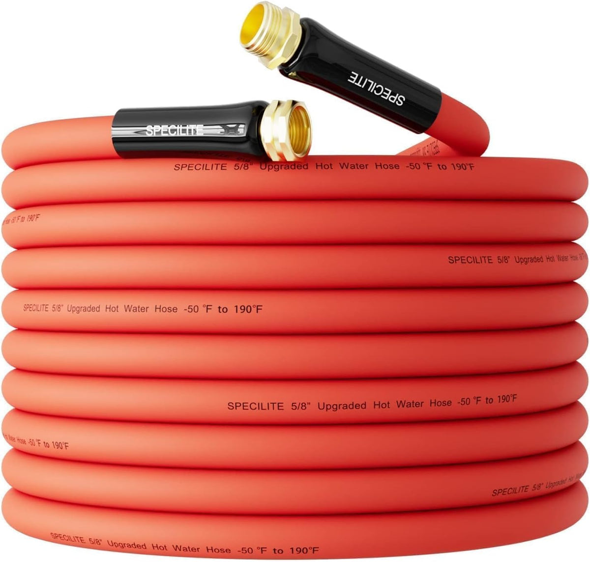 SPECILITE 5/8" Hot/Cold Rubber Garden Water Hose 50 ft, -50℉-190℉, 200psi Working, 600psi Burst, Flexible & Lightweight With 3/4" Brass Fittings for Yard, Outdoor, Farm, Agriculture, Construction, Red
