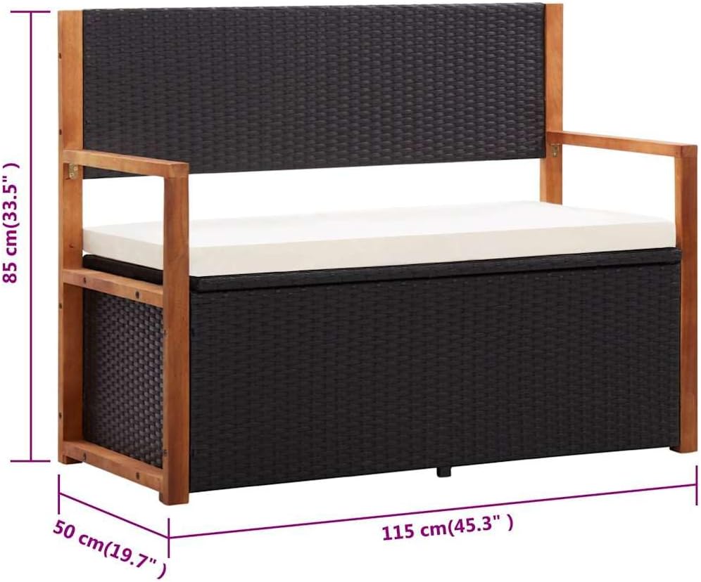 Poly Rattan Patio Storage Bench 45.3 Inch with Solid Acacia Wood Armrests, Removable Seat Cushion, Large Storage Space for Outdoor Garden