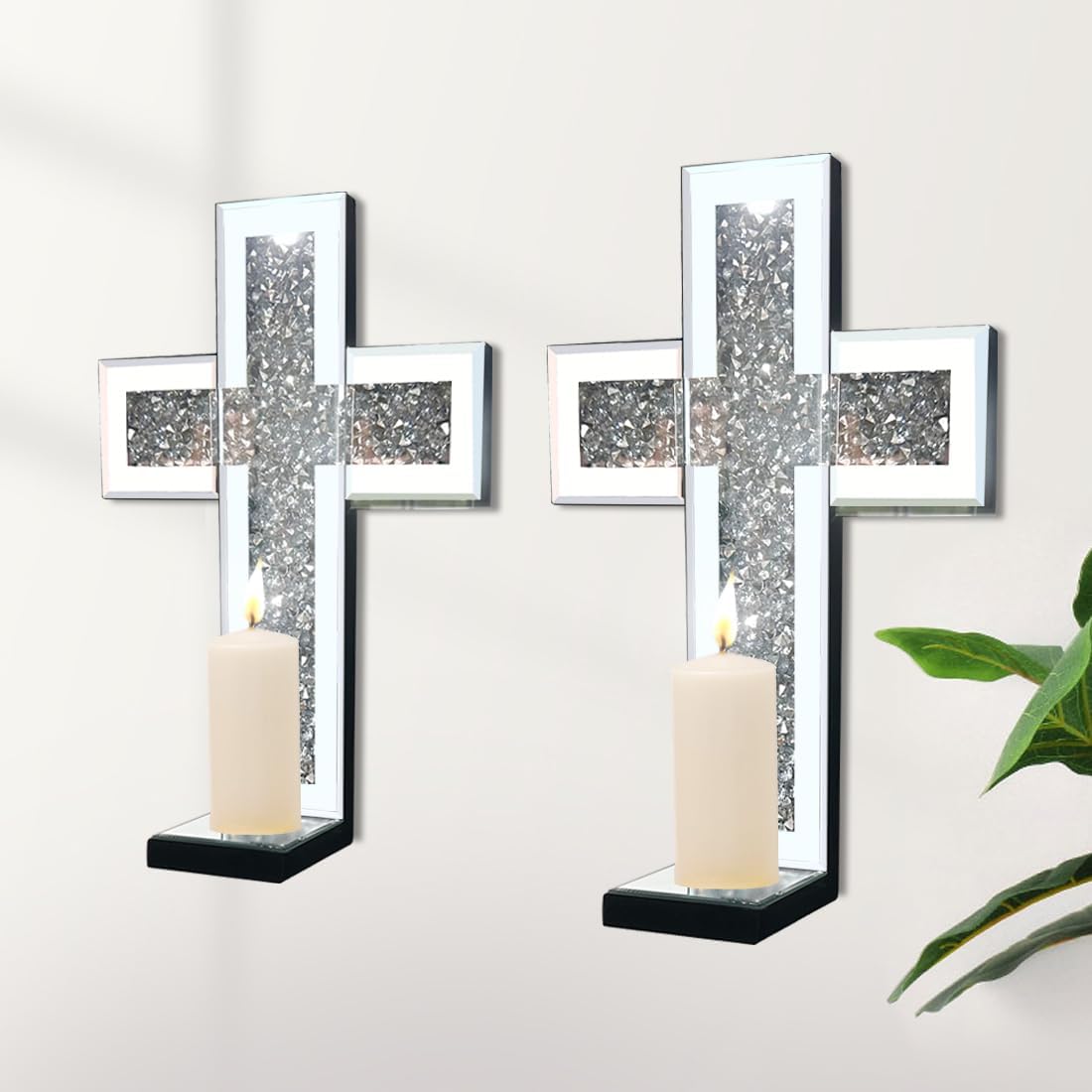 Aeveco Crystal Crush Diamond Mirrored Candle Sconces, Silver Wall Candle Holder Set of 2, Wall Decoration for Living Room,Dining Room (Silver Cross)