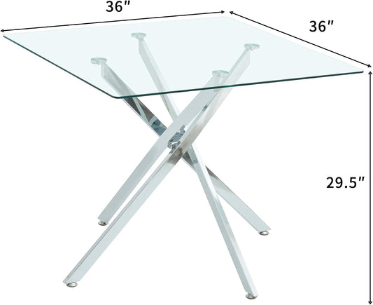 36 inch Square Glass Dining Table, Modern Dining Table for 4, Square Kitchen Table with Tempered Glass Top & Silver Chrome Metal Legs for Dining Room, Living Room, Apartment, Small Space