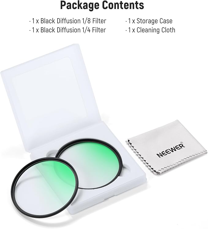 NEEWER 55mm 1/4 & 1/8 Black Diffusion Camera Lens Filter 2 Pack Set, Dreamy Cinematic Effect Filter Multicoated Glass Storage Case Cleaning Cloth, for Portrait Photography Video