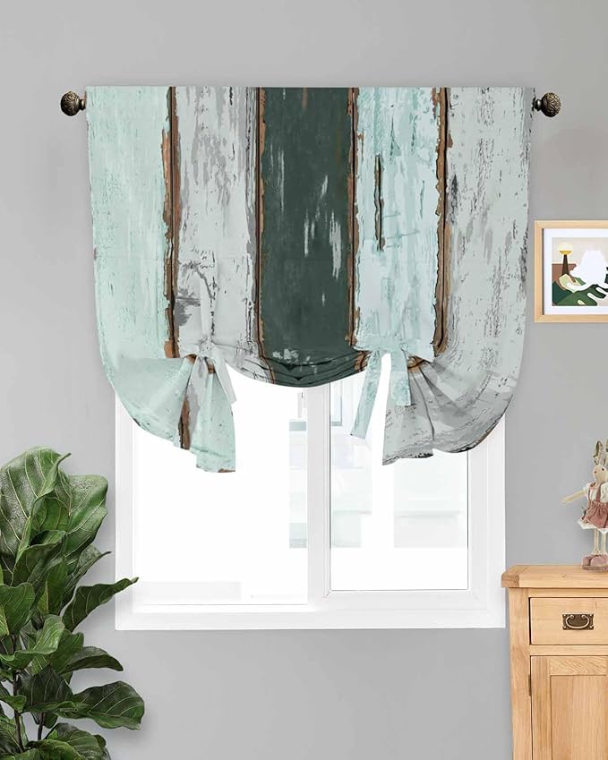 Tie Up Curtains for Windows, Blue Teal Adjustable Balloon Nature Linen Textured Kitchen Curtain, Vintage Wooden Retro Art Farmhouse Barns Decorative Tie Up Curtain for Window, 52" x 45"