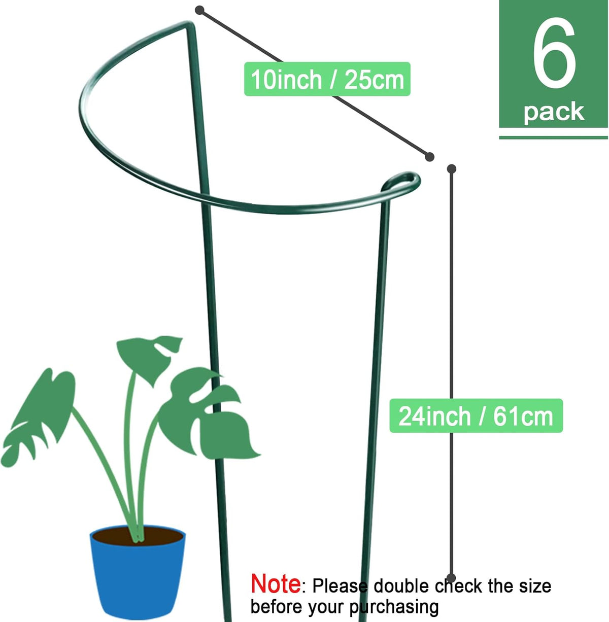 HiGift 6 Pack 24 Inch Plant Stakes, 10" Wide x 24" High Half Round Metal Peony Cages and Support, Green Garden Plant Stake Plant Support Ring Border for Peony Tomato,Hydrangea,Flower Indoor Outdoor