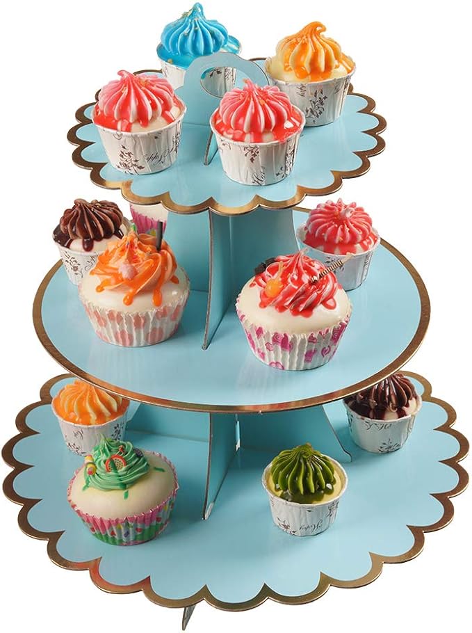 3-Tier Cupcake Stand, Light Blue, 12"W x 12.8"H, Cardboard