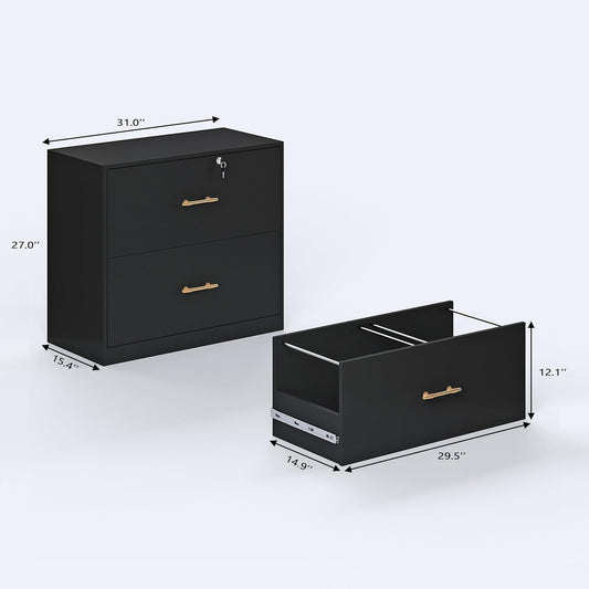 2 Drawer Lateral File Cabinet with Lock, Suitable for Letter/A4/F4/Legal Size Hanging Files,Large Wood Filing Storage Cabinets Printer Stand for Home Office,Black