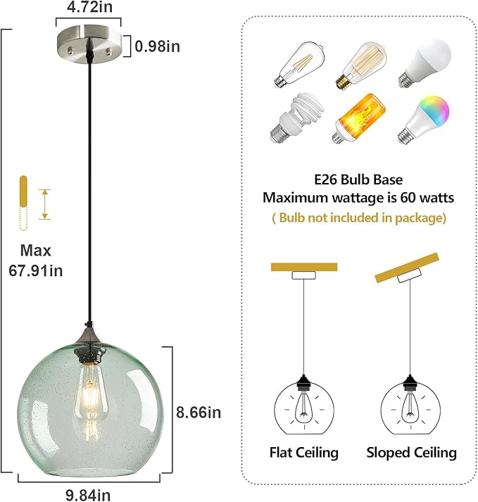 Light Green Glass Pendant Lights Kitchen Island Globe Pendant Light Fixtures Modern Pendant Lighting for Bedroom Living Dining Room Light Fixture (9.84 in, 3 Pack)