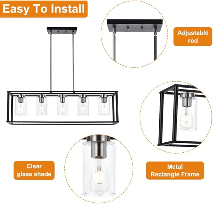 VINLUZ Modern Chandeliers Brushed Nickel and Black 5 Light Rectangle Dining Room Lighting Fixtures Hanging with Clear Glass Shade, Farmhouse Kitchen Island Pendant Lights Ceiling for Living Room