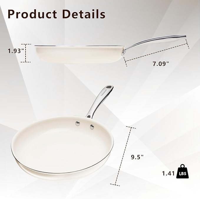 9.5" Ceramic Nonstick Frying Pan, Skillet, Cooking Pan Non Toxic with Stay Cool Handle for Induction, PTFE & PFAS & PFOA Free, Dishwasher/Oven Safe, White