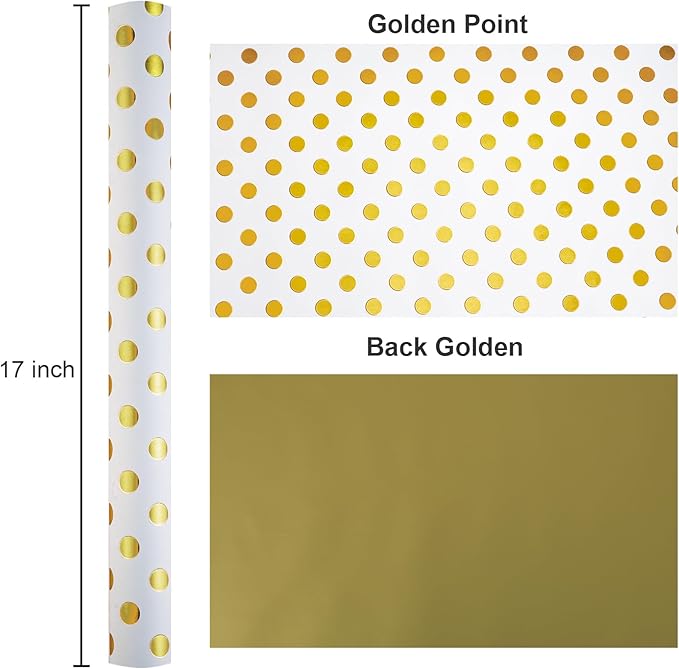 Burymento Platinum Dots Wrapping Paper, Reversible Gold Gift Wrap for Birthday, Valentines, Mothers day, Graduation, Wedding, Fathers day, Baby Shower, Christmas (17in x 32.8ft)