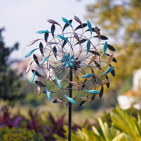 DREAMYSOUL Wind Spinner Outdoor, 23" Dia Metal Windmills with Blue and Copper Leaves, Kinetic Wind Spinners & Sculpture for Yard and Garden