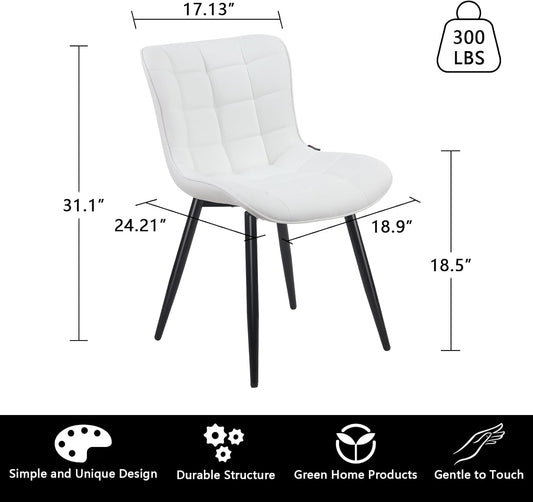 YOUTASTE White Dining Chairs Set of 2, Faux Leather Upholstered Armless Chairs with Back and Black Metal Legs, Mid Century Modern Kitchen Chairs for Living Room, Vanity, or Guest Reception Room