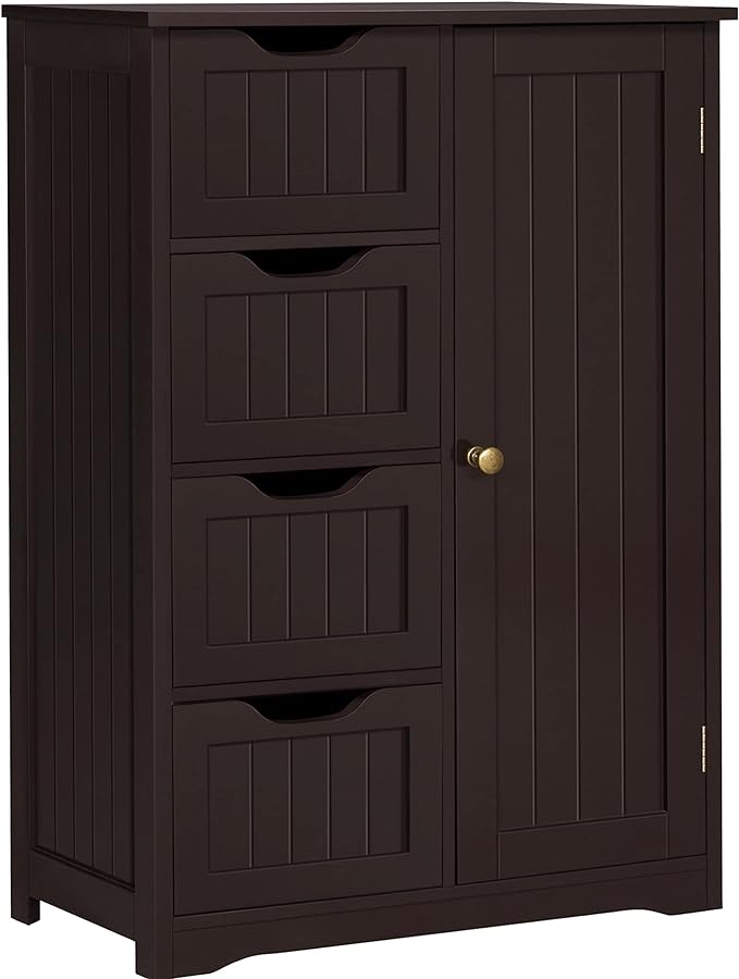 Yaheetech Large Bathroom Floor Cabinet with 4 Drawers and Single Door Cabinet, Freestanding Storage Cabinet for Living Room Kitchen Hallway, Espresso