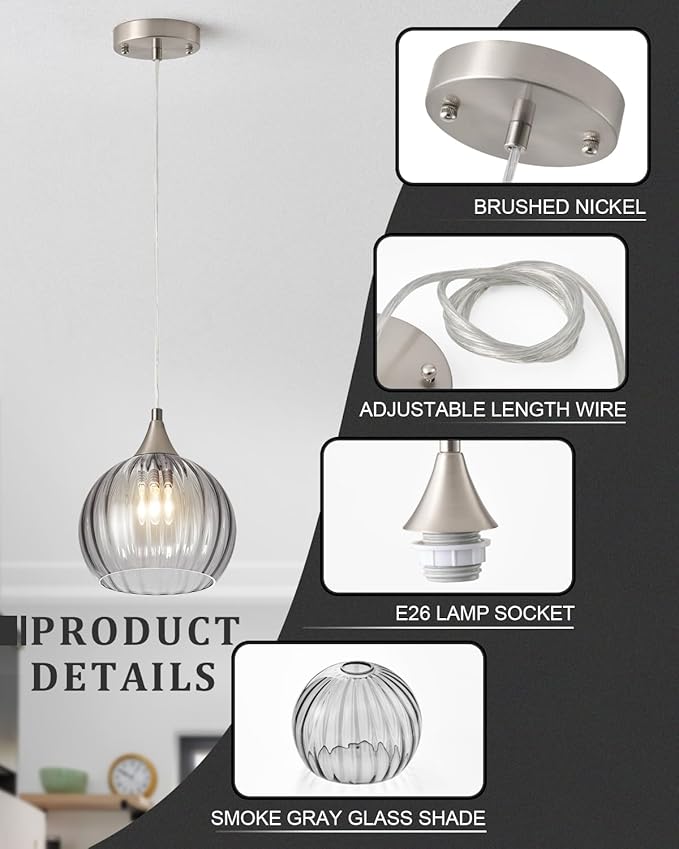 Brushed Nickel Pendant Lights Kitchen Island, Globe Pendant Light Fixtures with 8 Inch Clear Glass Shade, Modern Hanging Light Fixtures for Kitchen, Bedroom (1 Pack - Gray Glass Pendant Light)