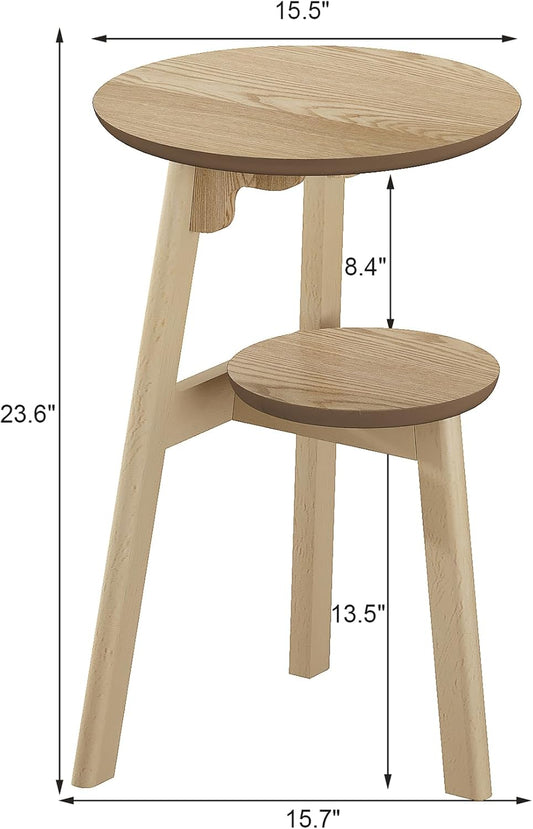 ChooChoo Round End Table for Small Spaces, Narrow Side Table, Accent Table Night Stand with 2 Tier Shelf for Bedroom and Living Room, Natural