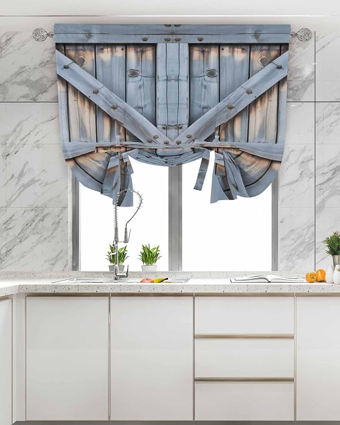 Tie Up Curtains for Windows, Farmhouse Wood Grain Adjustable Balloon Nature Linen Textured Kitchen Curtain, Vintage Country Barn Gate Textured Room Darkening Curtains for Glass Door, 42 x 45 In