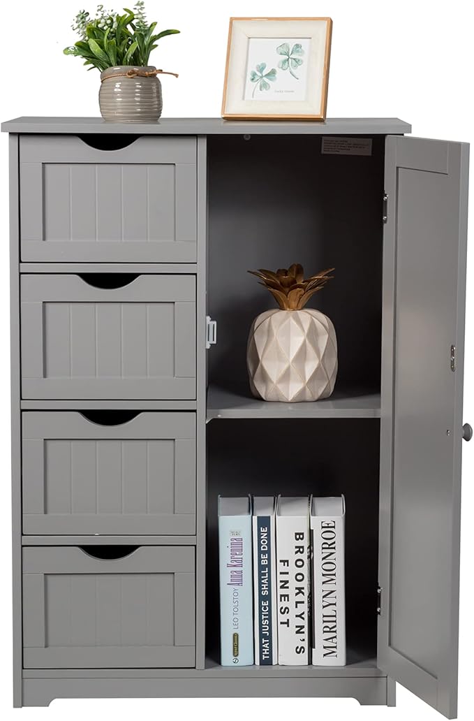 GLACER Bathroom Floor Cabinet, Multifunctional Storage Cabinet with 4 Drawers and 1 Door, Wooden Side Storage Organizer for Bathroom, Living Room or Kitchen, 22 x 12 x 32 inches (Grey)