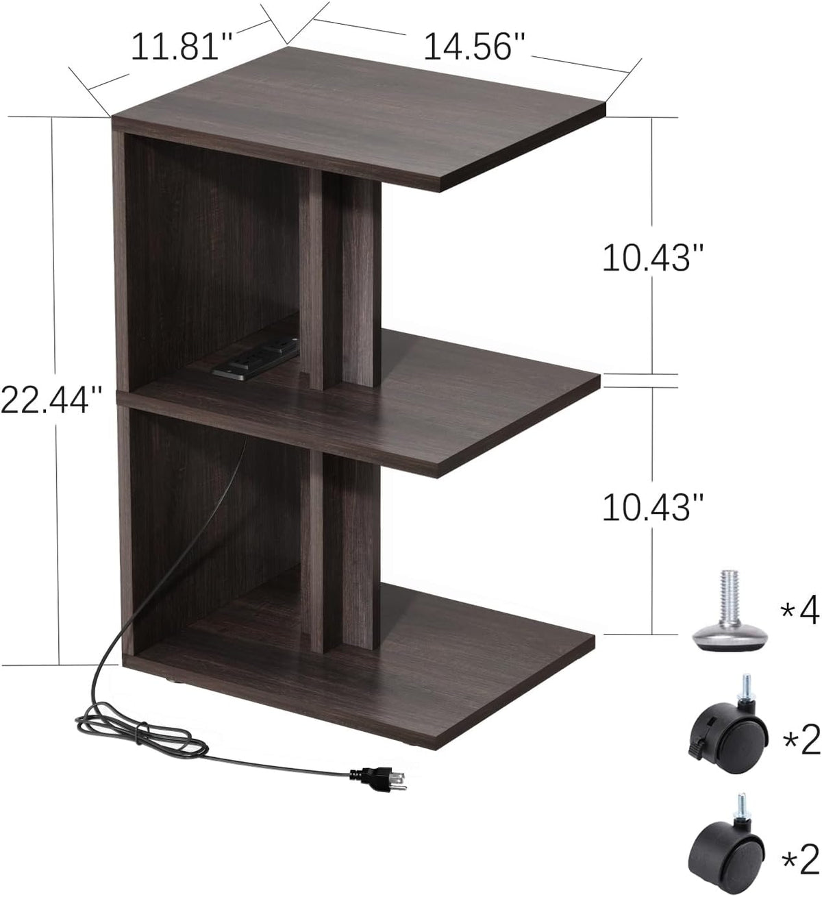 End Table, Side Table, Nightstand, USB Ports and Outlet,3-Tier Storage Shelf, Sofa Table for Small Space, Living Room, Bed Room(Brown)