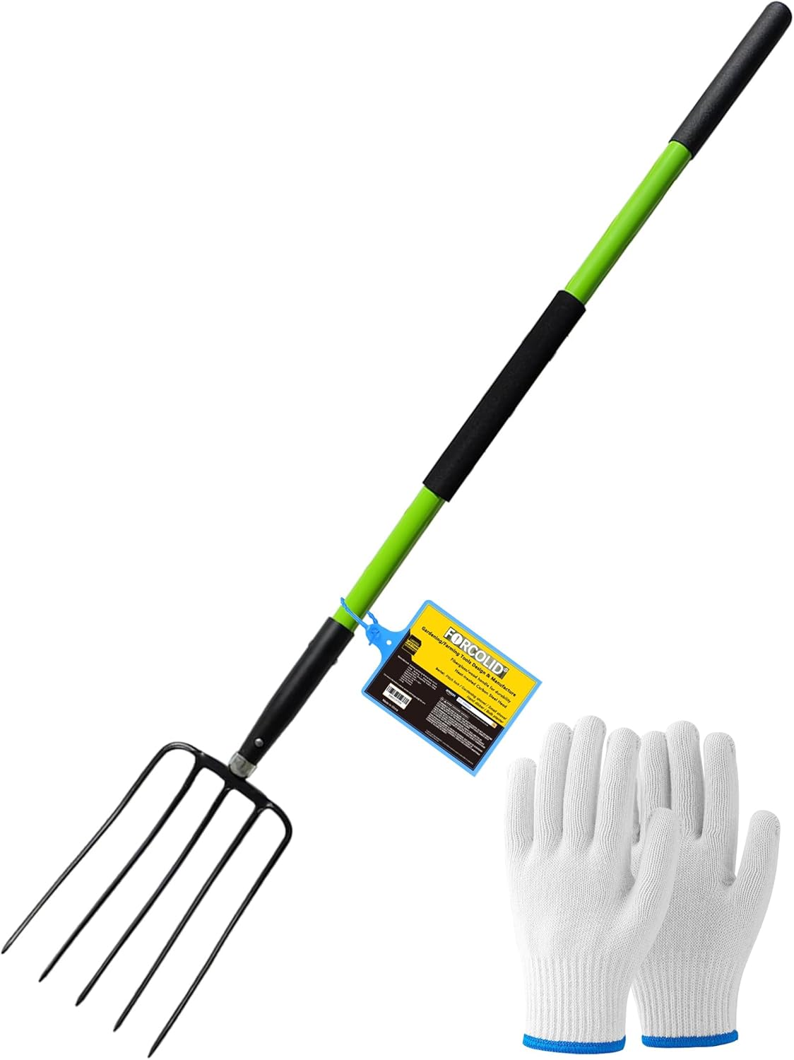 Pitch Fork-57 Inch,5-Tine Steel Garden Fork Heavy Duty, Mulch with Cushion Grip, Green Fiberglass Handle