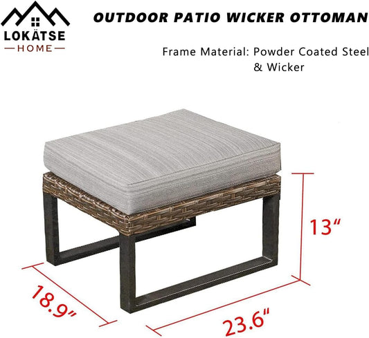 LOKATSE HOME Patio Ottoman Wicker Outdoor Footstool Rest Small Seat Rattan Furniture Cushioned Coffee Table Steel U-Shape Legs for Garden Yard Lawn Deck Poolside