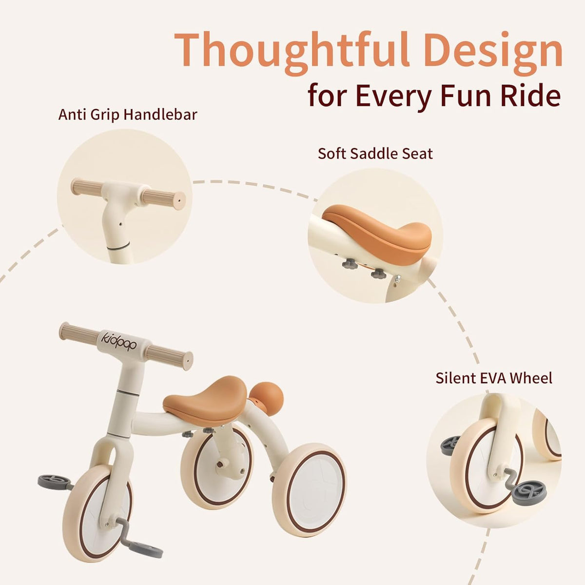 4-in-1 Toddler Tricycle with Adjustable Push Handle for 1-4 Year Old,Birthday Gift and Toy for Boys and Girls Removable Pedals Balance Bike&Scooter (Beige)