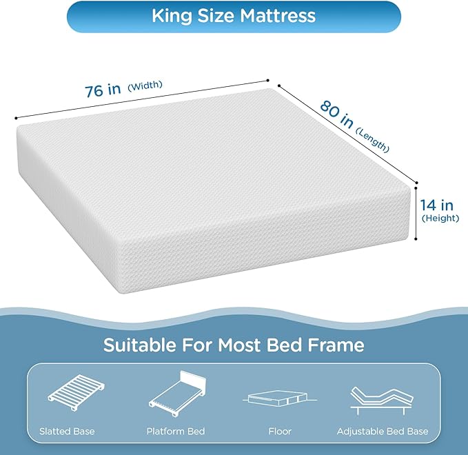 PayLessHere 14 Inch King Mattress Base Foam Mattress,Removable Soft Cover,Bunk Bed, Trundle, Daybed,White,Fiberglass Free