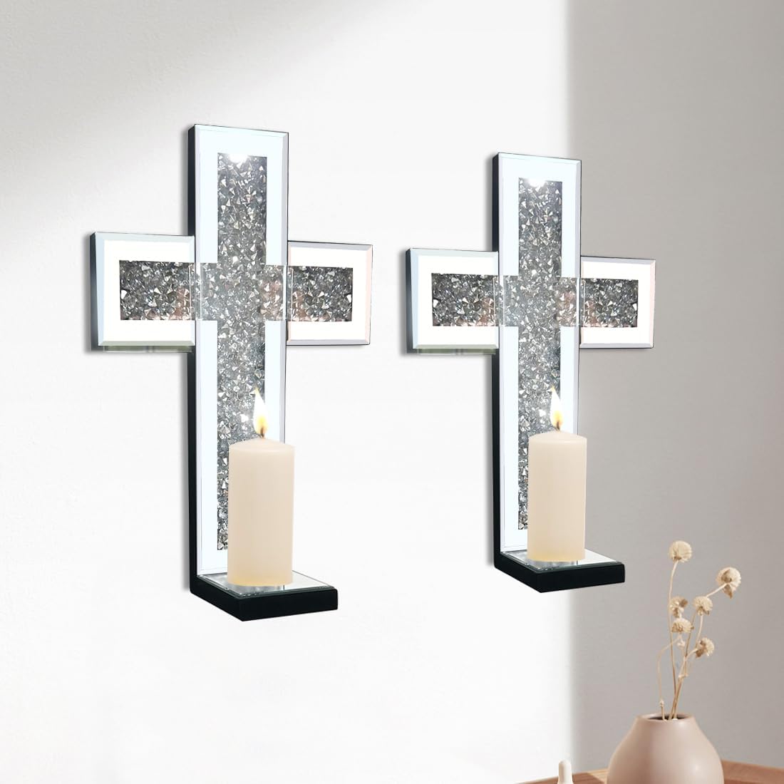 Aeveco Crystal Crush Diamond Mirrored Candle Sconces, Silver Wall Candle Holder Set of 2, Wall Decoration for Living Room,Dining Room (Silver Cross)