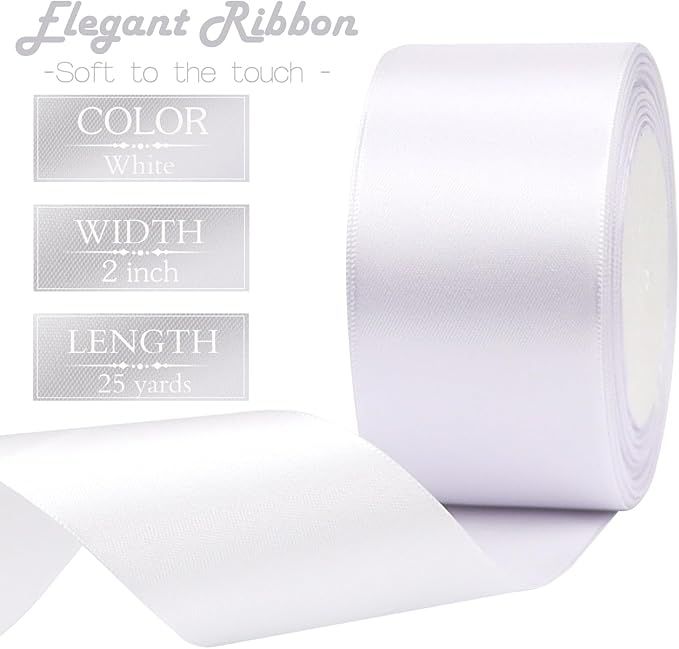 White Solid Satin Ribbon 2 Inch 25 Yards Solid Polyester Fabric Ribbon for Gift Wrapping Wedding Christmas Baby Shower Birthday Party Decoration Handmade Immortal Flower Craft