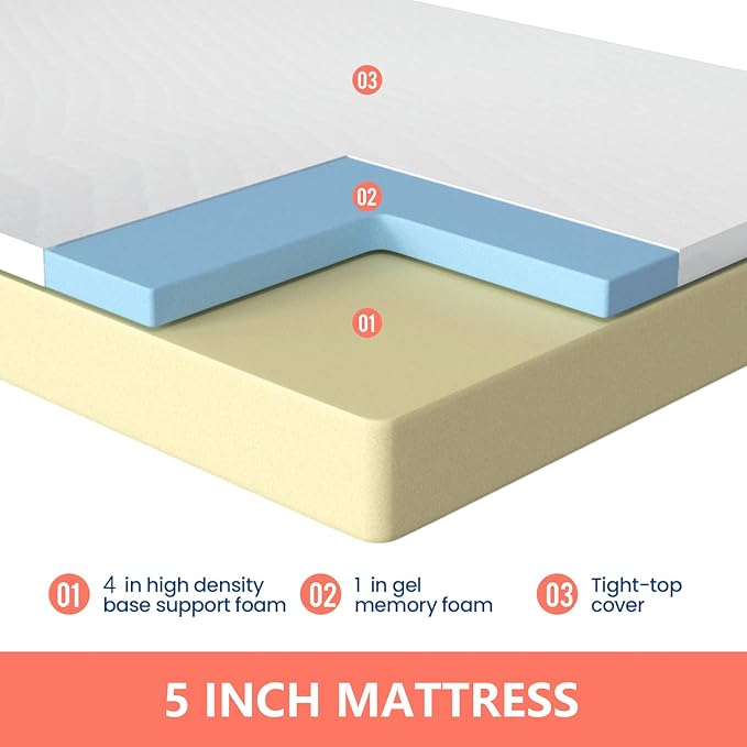 FDW 5 Inch Gel Memory Foam Mattress Medium-Firm Mattress for Pressure Relief & Cooler Sleep Mattress for Kid Adults CertiPUR-US Certified Mattress in a Box, Full