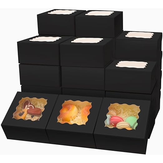Bakepacker Black Bakery Boxes with Window 6x6x3 inches Thick & Sturdy Macaroon Pastry Boxes Cookie Boxes for Bakerys(60-Packs)