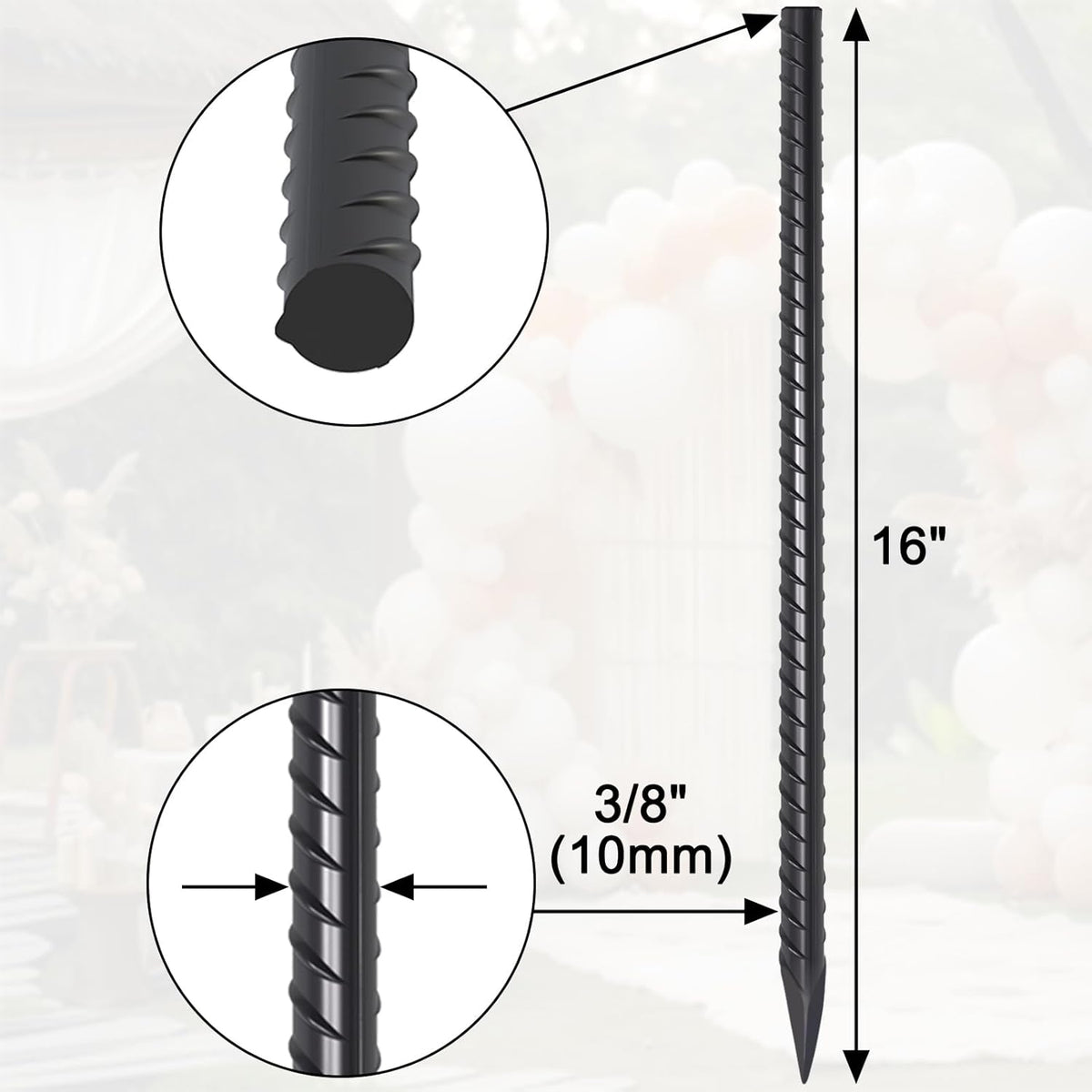 Straight Rebar Stakes 16 Inch 34 Pack Garden Spikes with Chisel Point End Metal Stakes for Ground Heavy Duty 3/8 Inch Thickness Tree Stake Kit for Concrete, Landscape Timber (Black)