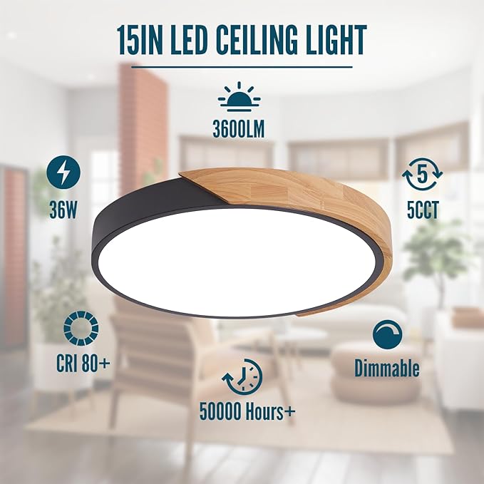 LED Flush Mount Ceiling Light Fixture 16 inch,36W Kitchen Light Fixtures Ceiling Mount 5CCT, Dimmable Close to Ceiling Light for Bedroom, Bathroom, Living Room