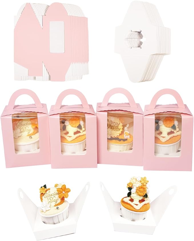 Bakepacker Auto-pop up Individual Cupcake Boxes with Window 60 Count Pink Single Cupcakes Box 3.6 x 3.6 x 4.3inch Cupcake Carrier