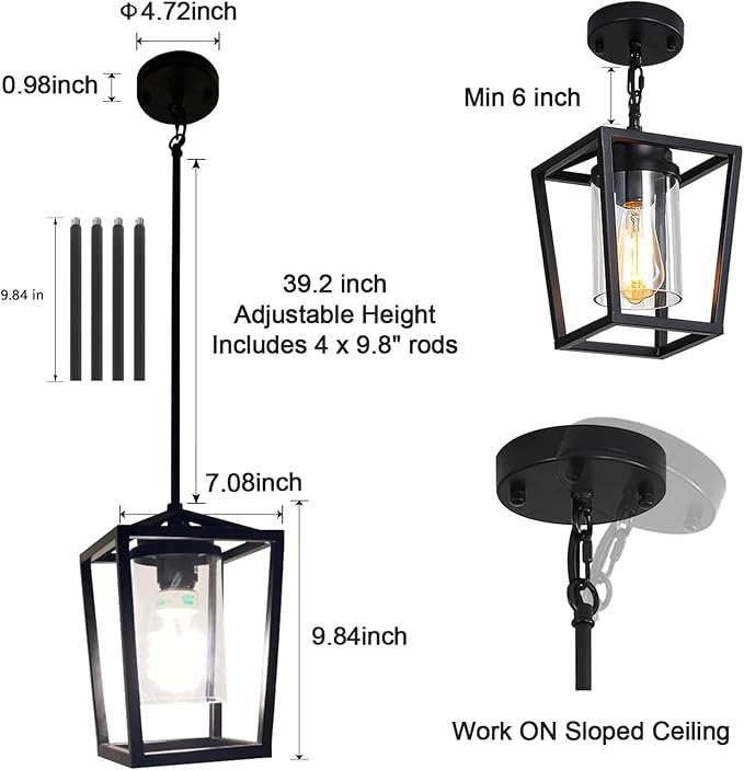 SGLfarmty 1-Light Black Pendant Lights Kitchen Island, Farmhouse Cage Metal Hanging Light Fixtures with Glass Shade,Adjustable Lantern Pendant Lighting for Dining Room, Entryway, Hallway